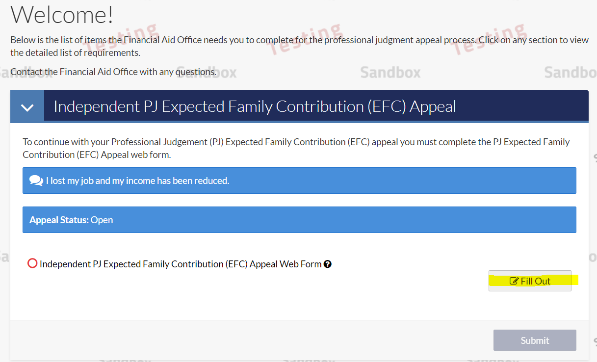 Step 8: Select the “PJ Expected Family Contribution (EFC) Appeal" task 