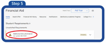 Screen 5  Select Aid Year.  Arrow pointing to Select Aid Year. Click on dropdown box to select year and click "Submit".