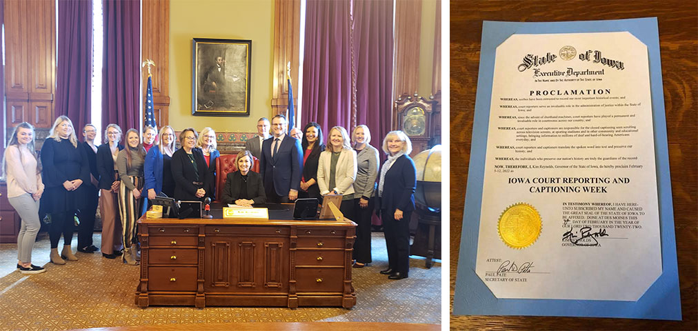 DMACC Court Reporting Week 2019, photo of court reporting staff and faculty standing around Governor Kim Reynolds desk