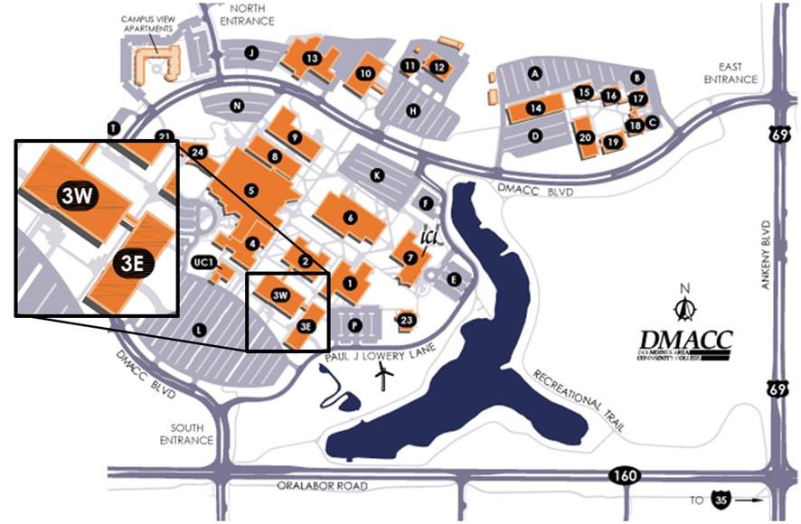 Ankeny Campus with building 3W and 3E highlighted