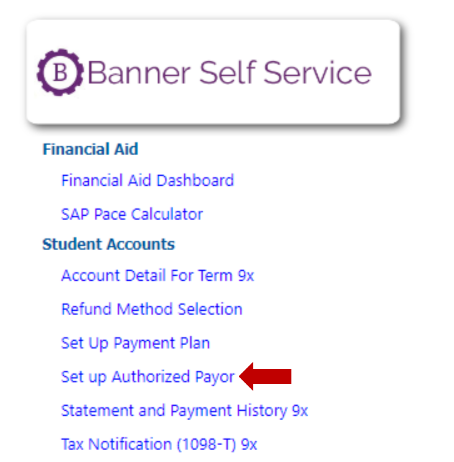 Banner Self Service button with red arrow pointing to Set up Authorized Payor