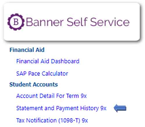 Banner Self Service Button with arrow pointing to Statement and Payment History 9X