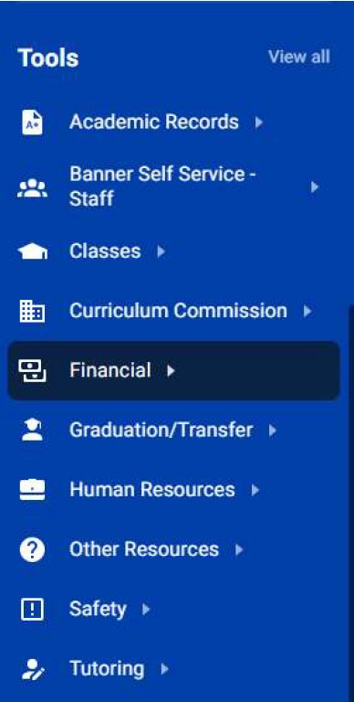 Screen capture of the myDMACC left navigation menu with "Financial" selected.
